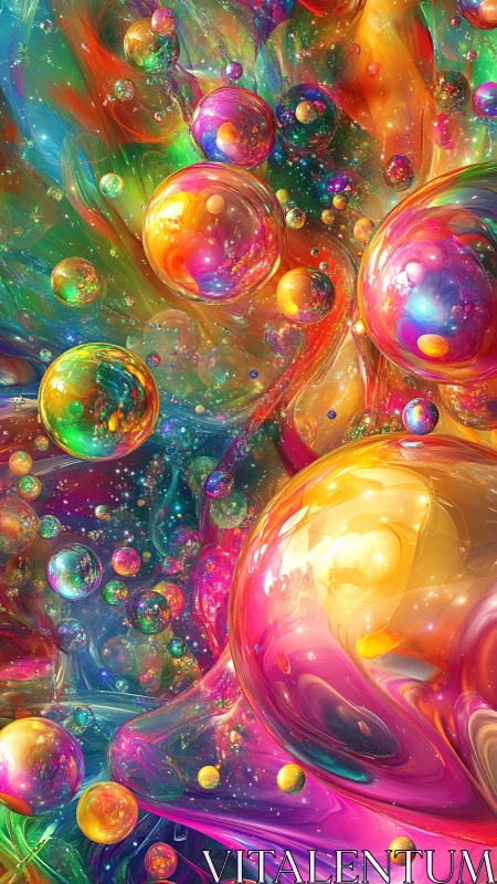 Vibrant cosmic bubbles swirling through liquid rainbow space.