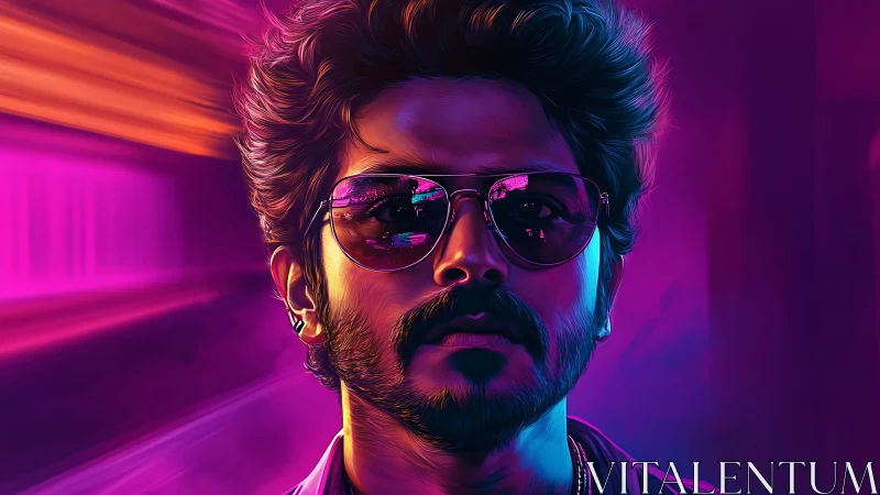 Neon lit male portrait with reflective sunglasses and bokeh glow