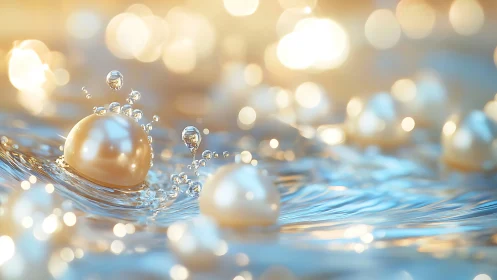 Luminous pearl droplets dance across shimmering water surface.