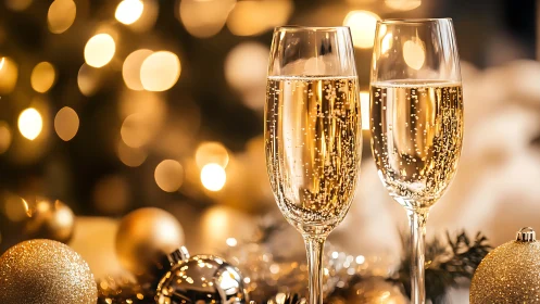 Sparkling champagne flutes amid warm festive bokeh glow.