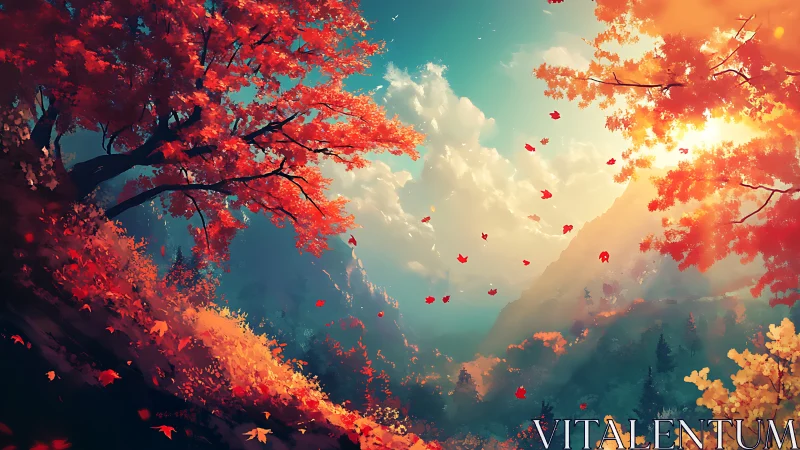 Glowing autumn forest welcomes sunrise over misty mountains