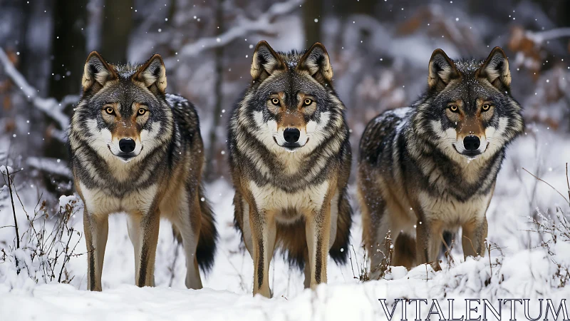 Triad of gray wolves in focused winter frontal stance.