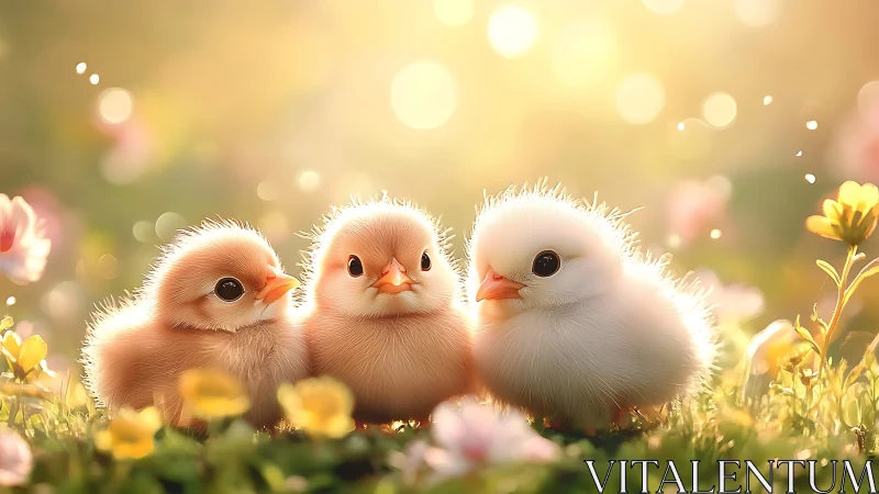Three Fluffy Chicks in Wildflower Meadow. Soft Sunlit Scene.