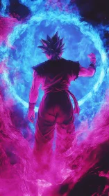 Energetic anime fighter facing glowing blue energy portal.