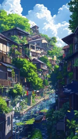 Sunlit canal village with lush terraces and mirrored water.