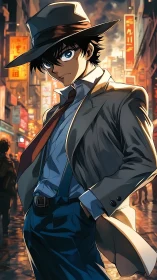 Male figure in trench coat and hat in urban night street.