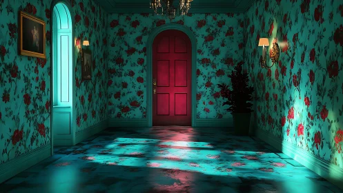 Red door centered in teal floral hallway under dramatic light