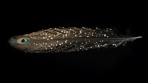 Macro peacock feather study with water droplet micro-highlights.
