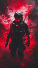 Armored cyber-soldier advances through volatile red energy field
