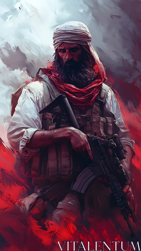 Turbaned soldier amid crimson smoke in painterly realism.