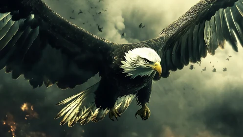Majestic Bald Eagle Soaring in Dramatic Skies, Digital Art Style.