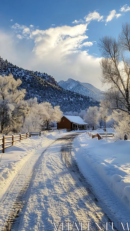 Snowy country lane leads gently toward a cozy mountain cabin