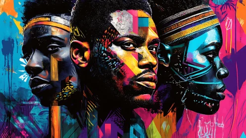 Digital triptych depicts three stylized male profiles in color
