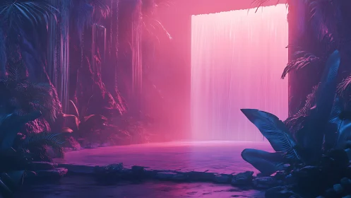 Neon dusk cascade in a dreamlit jungle grotto portal.