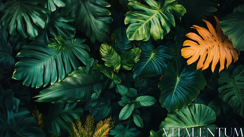 Emerald jungle leaves with one golden rebel in the canopy.