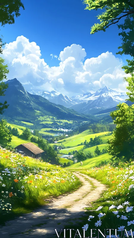 Sunlit alpine meadow path winding through verdant valley.