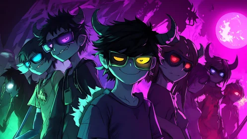 Neon demon teens advance under toxic violet moonlight.