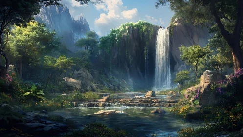 Sunlit forest waterfall cascades into tranquil rocky pool