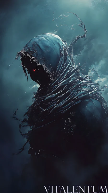 Hooded wraith emerges through icy mist, eyes burning red.