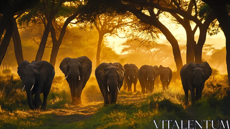 Elephant herd walking through sunlit acacia woodland at dusk