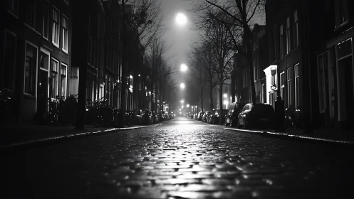 Moonlit cobblestone hush on a rain-slicked city street.