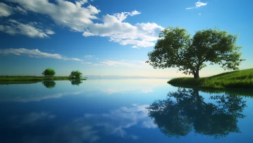 Peaceful lakeside tree mirrored in glassy blue water.