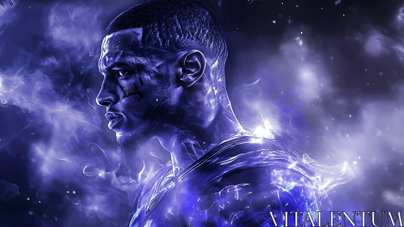 Electric violet warrior emerging through cosmic smoke.