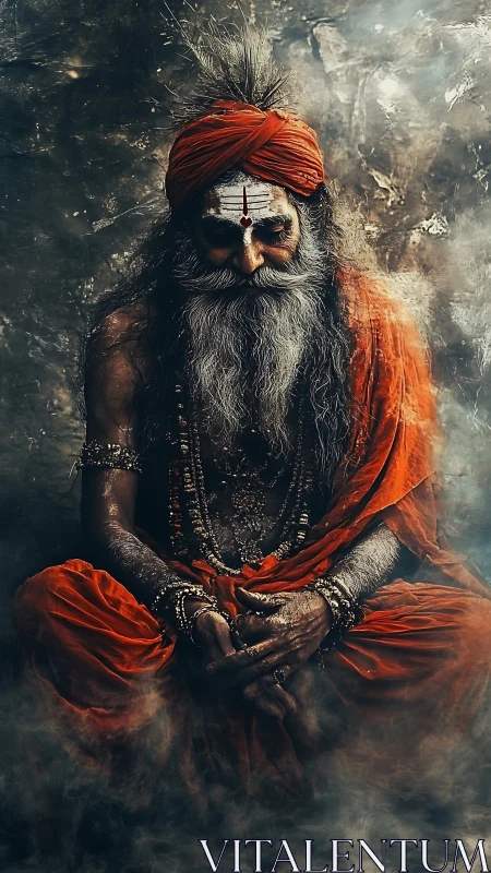 Mystic ascetic seated in swirling smoke and glowing orange robes.