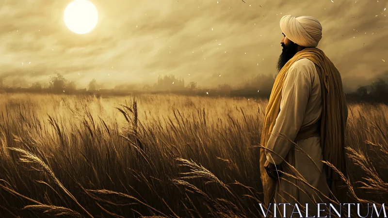 Sunlit turbaned figure standing in golden wheat field at dusk.