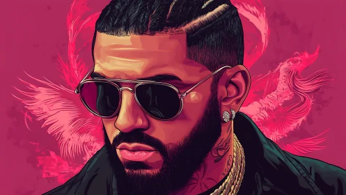 Sunglassed icon smolders amid neon phoenix whispers.