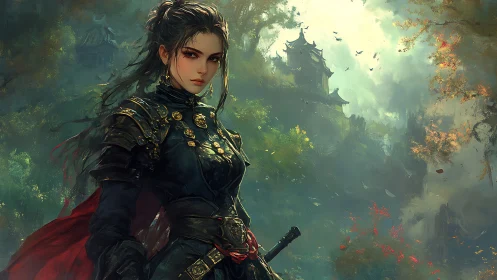 Armored warrior stands before misty mountain fortress