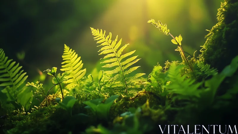 Lush Ferns in Sunlit Forest, Nature Macro Photography Style.