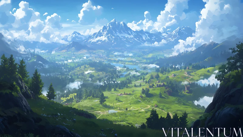 Emerald valley awakens beneath towering snowlit peaks at dawn.