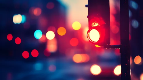 Red traffic signal glows over blurred city street bokeh