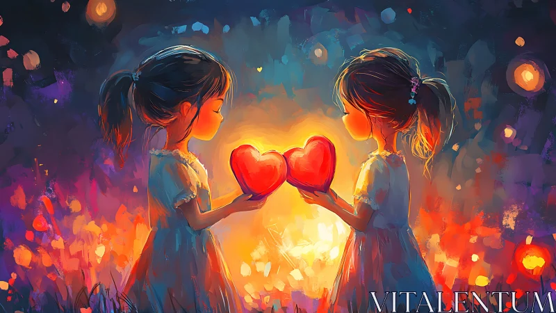 Two figures holding glowing hearts in luminous abstract setting