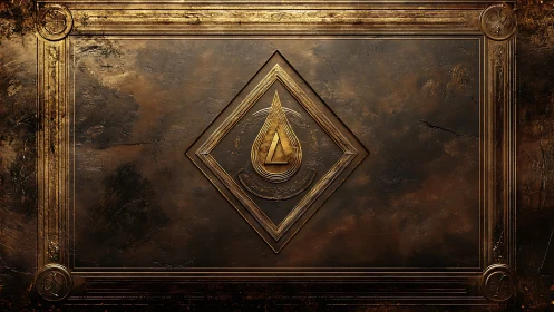 Metallic geometric emblem on distressed bronze panel.