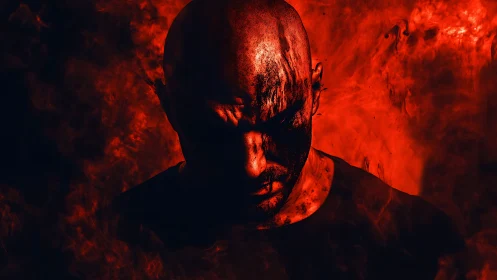 Intense portrait bathed in deep red shadows and smoke.