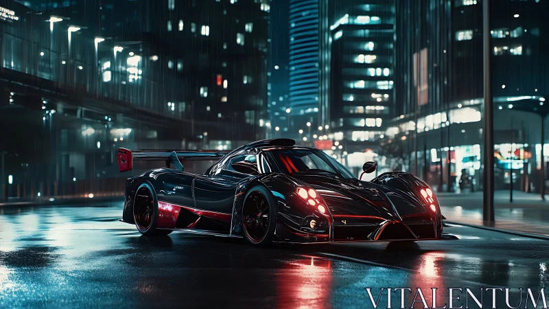Midnight hypercar poised on neon-soaked city streets.