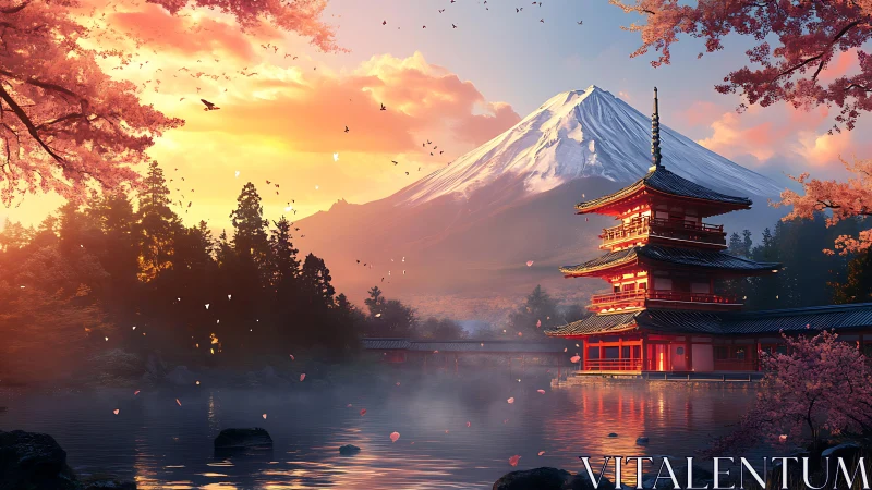 Sunlit pagoda beside tranquil lake under snowcapped mountain.