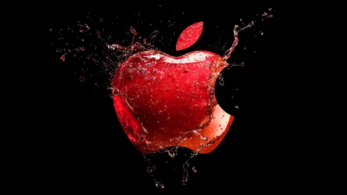 Red liquid apple emblem with splashing water on black background.