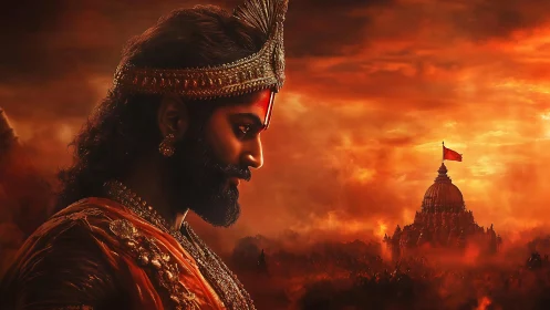 Regal warrior profile observes temple amid infernal sunset