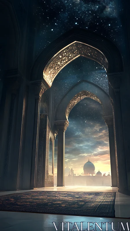 Digital painting of celestial Islamic archway and domed skyline.