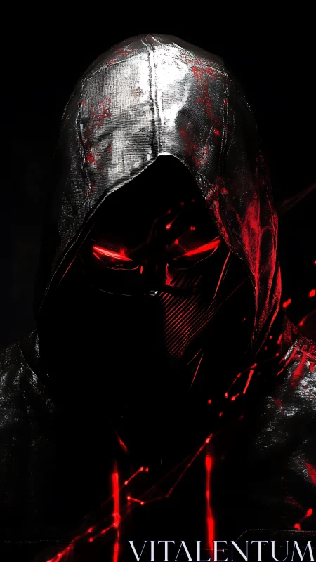 Hooded cybernetic assassin rendered in high contrast red rim light