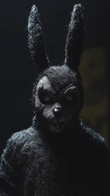 Masked figure in textured black rabbit costume in darkness.