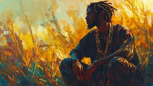 Sunlit thinker kneels where wild grasses become molten gold