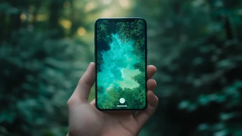 Smartphone screen reflecting vivid forest river perspective.