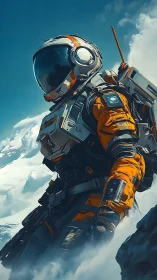 Astronaut in orange suit on snowy mountain ridge in clouds.