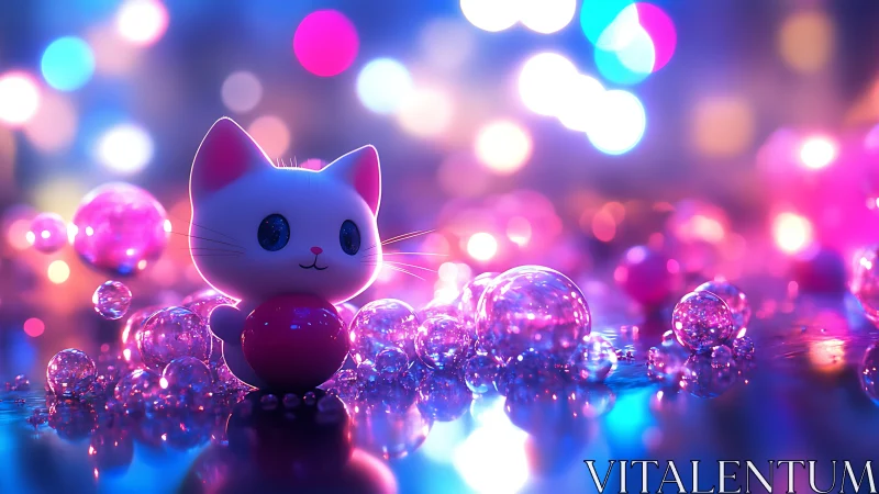 Playful neon kitten toy sparkles amid glowing bokeh orbs