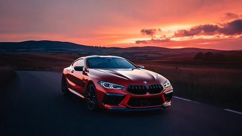 Sunset drive with a sleek red sports car on open road.