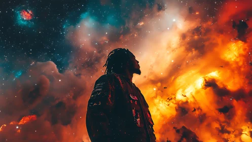 Silhouetted figure against dense orange and blue nebula sky.